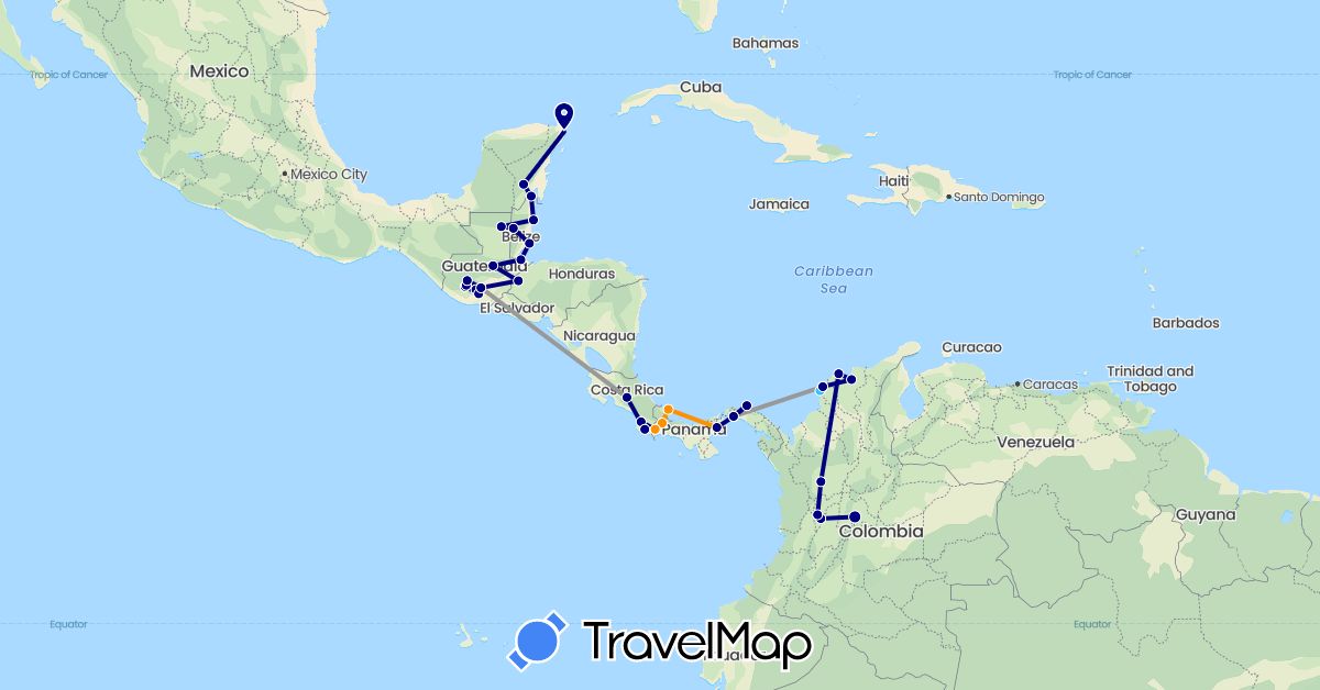 TravelMap itinerary: driving, plane, boat, hitchhiking in Belize, Colombia, Costa Rica, Guatemala, Honduras, Mexico, Panama (North America, South America)